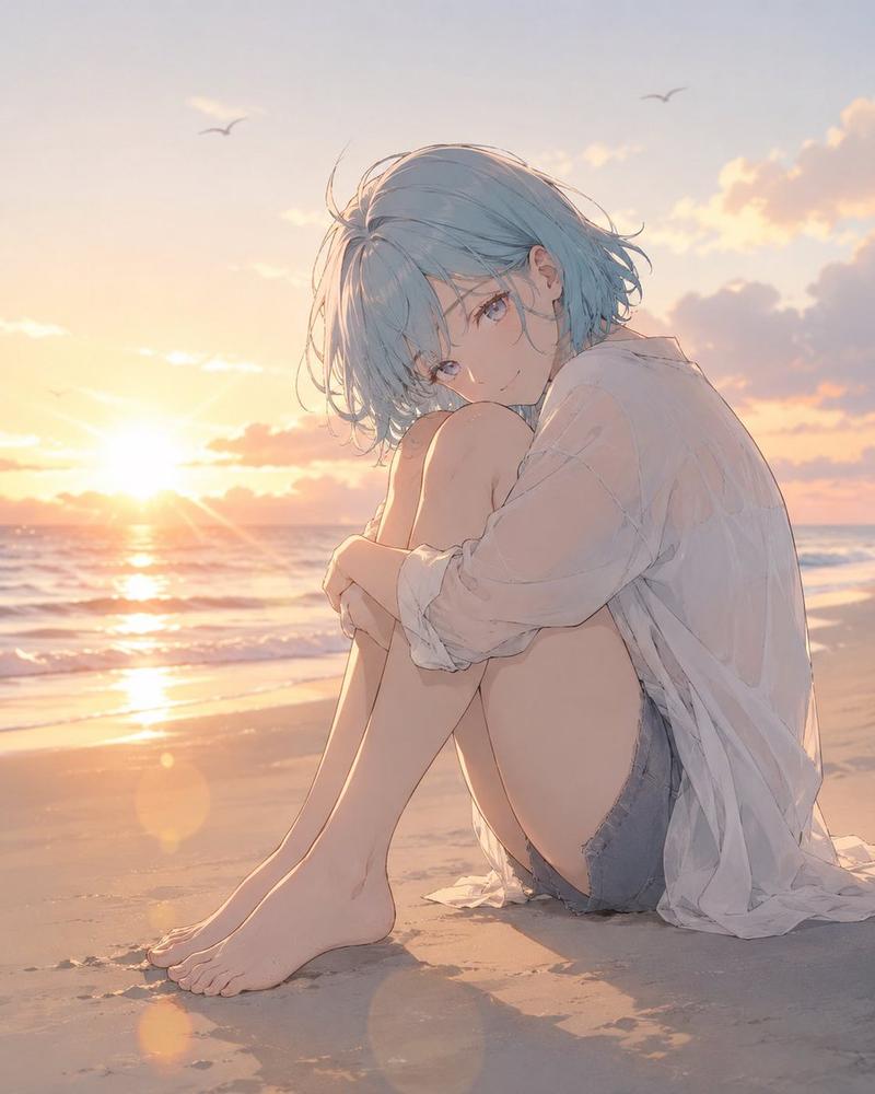 日落海滩的动漫少女