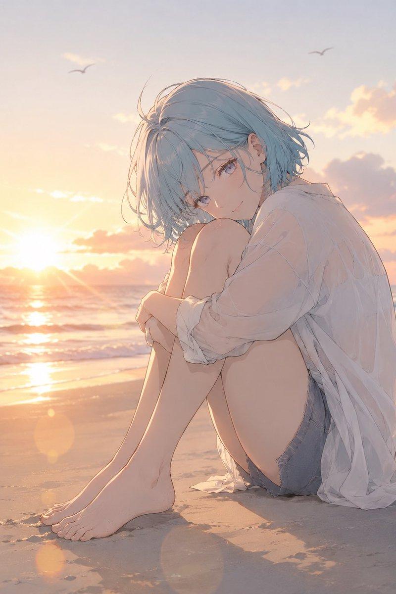 日落海滩的动漫少女