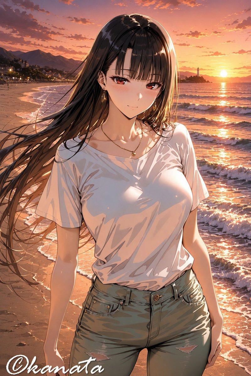 日落海滩的动漫少女