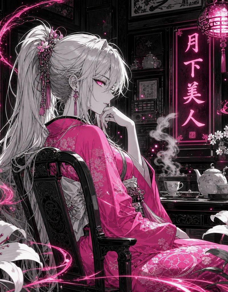 霓虹月光下的动漫茶馆美人