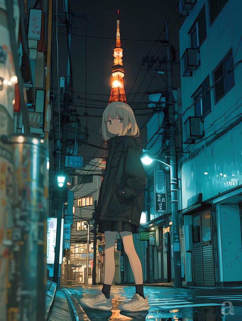 雨中东京小巷的动漫少女