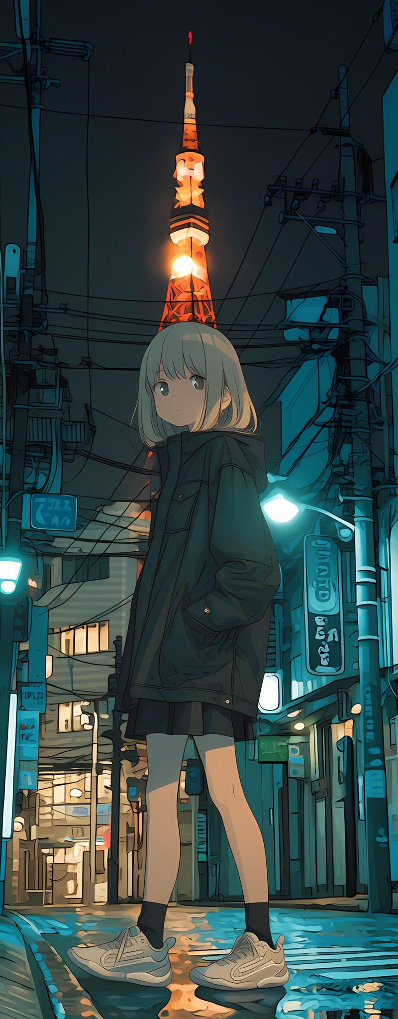 雨中东京小巷的动漫少女