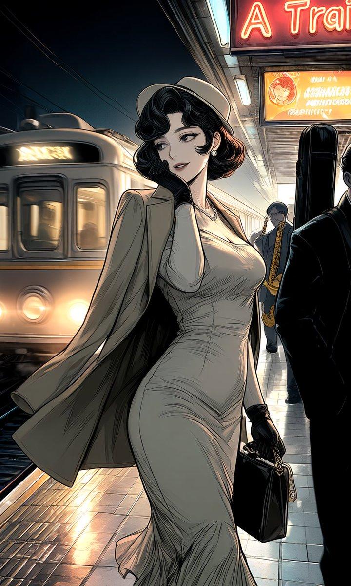 夜间站台上的优雅女性