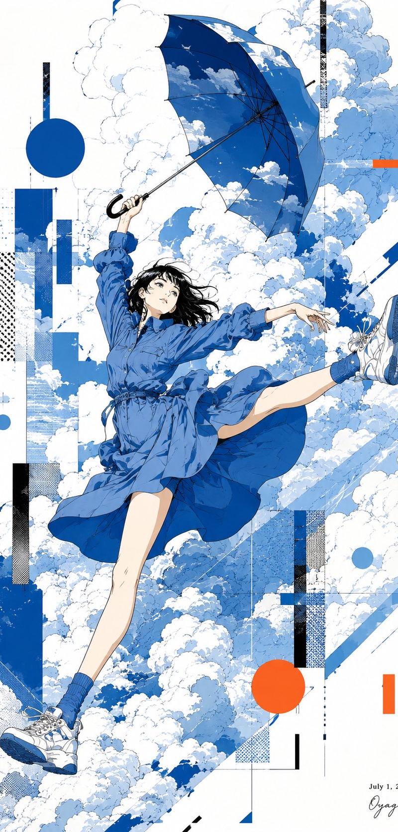 撑伞漂浮的动漫少女