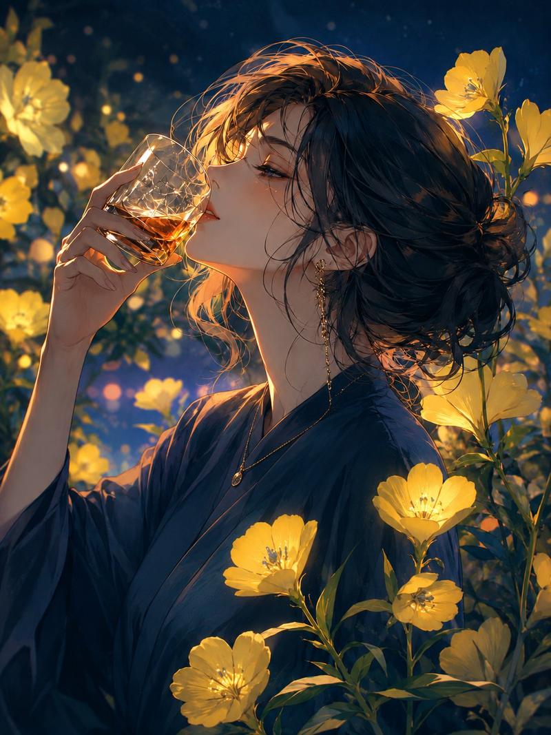 月夜月见草花园中的威士忌