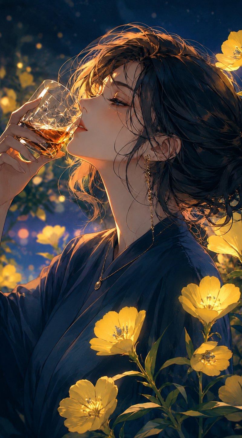 月夜月见草花园中的威士忌