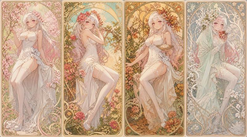 穆夏风格四季新艺术运动插画