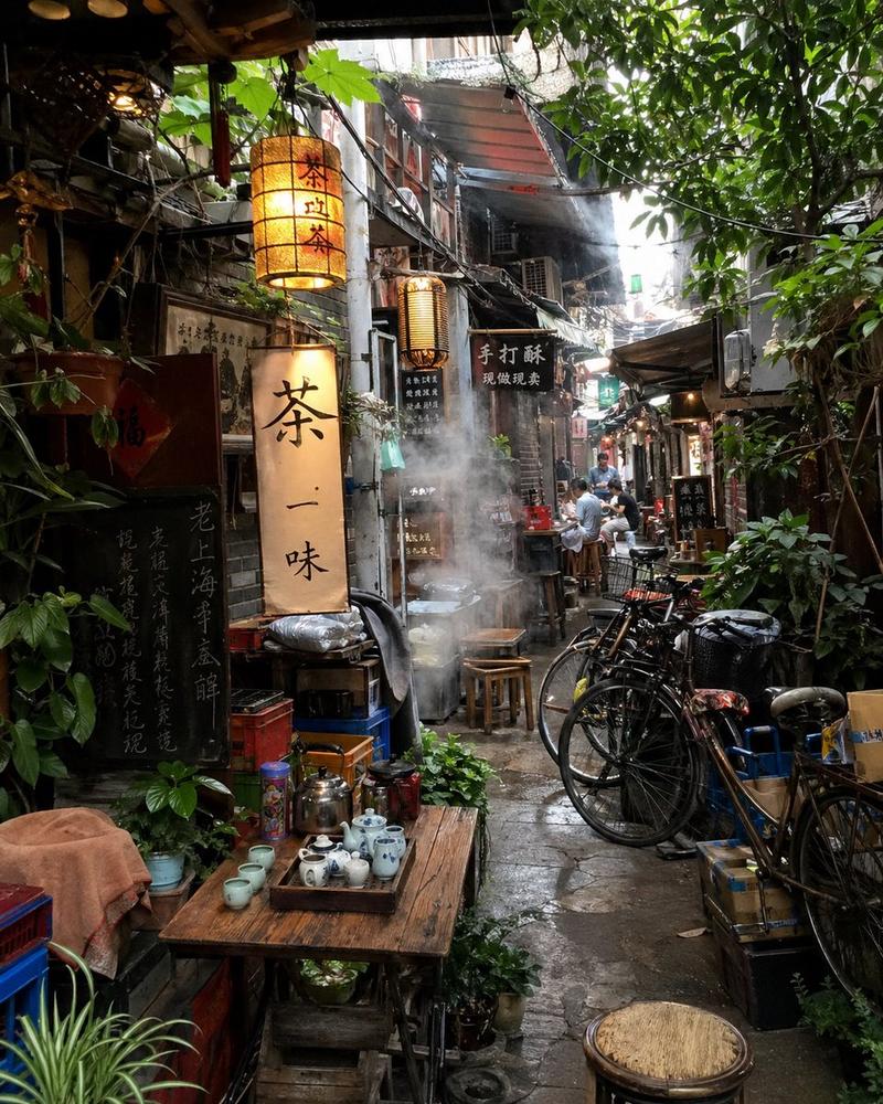 充满氛围感的茶巷街景