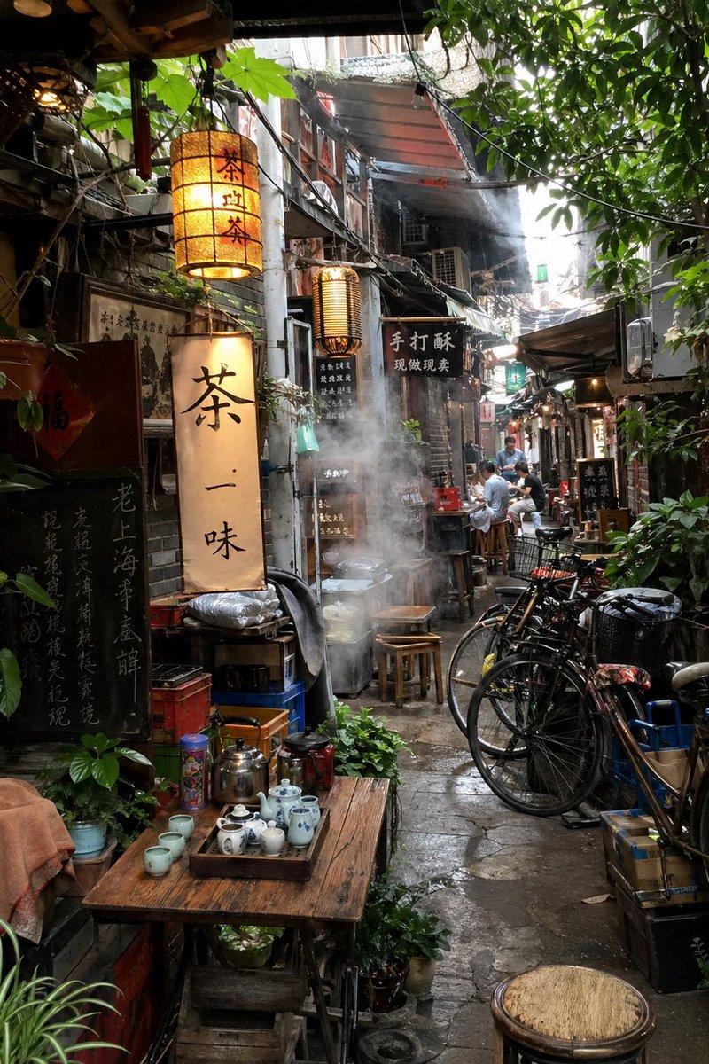 充满氛围感的茶巷街景