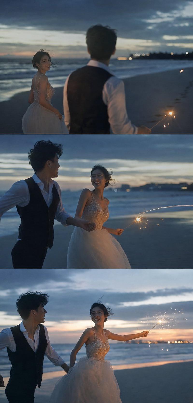 电影感海滩婚礼三联画