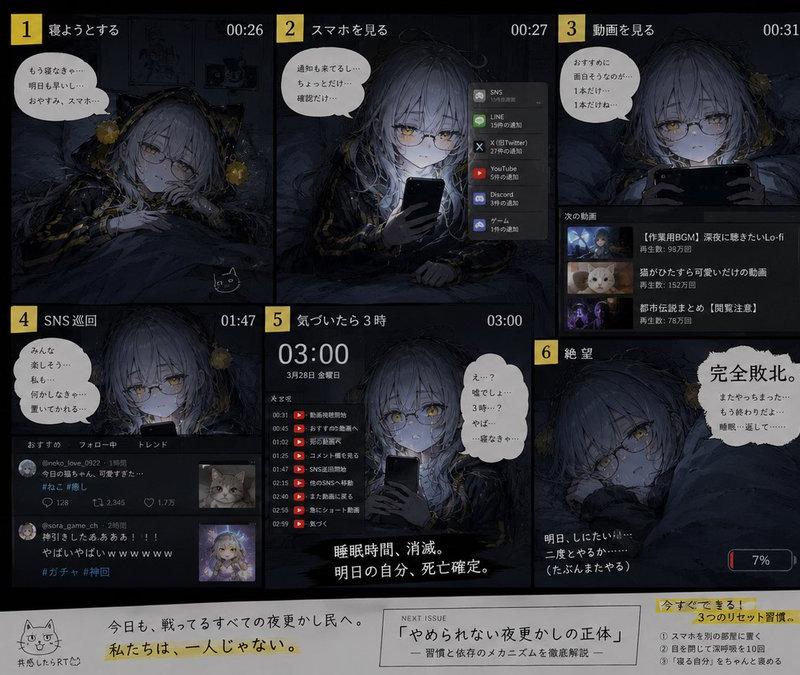 睡前手机使用现象：动漫风格信息图