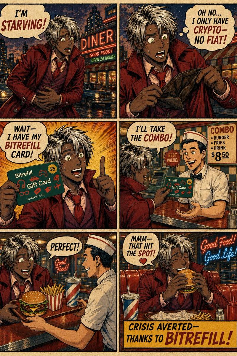 复古 Bitrefill 快餐店漫画广告