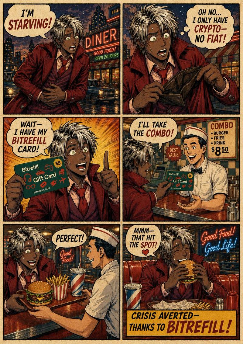 复古 Bitrefill 快餐店漫画广告