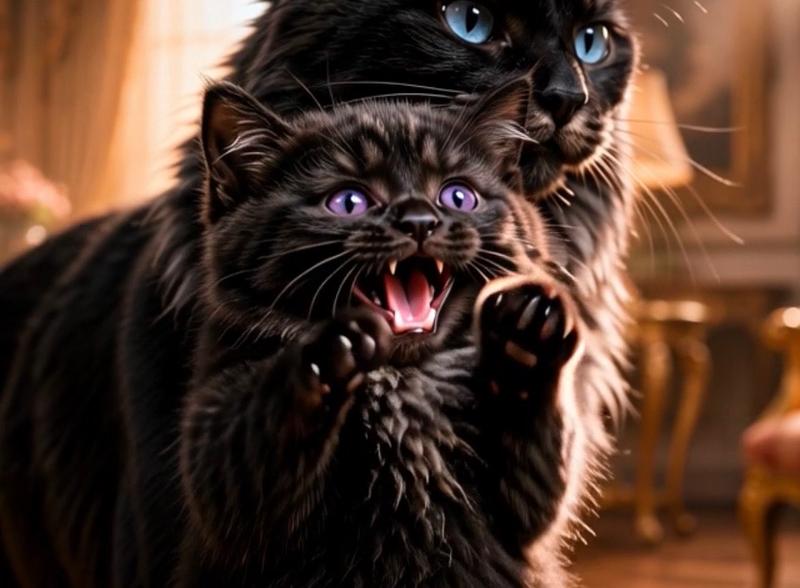 守护的黑猫与嘶叫的小猫