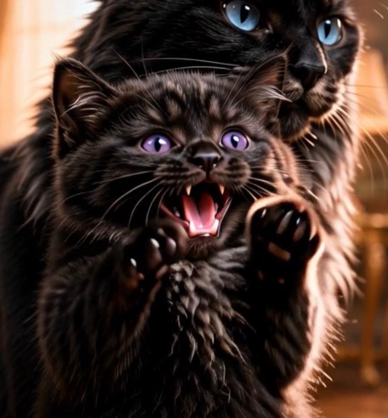守护的黑猫与嘶叫的小猫