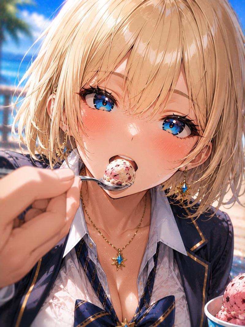 海滩金发动漫少女与冰淇淋