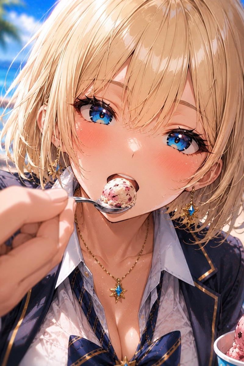 海滩金发动漫少女与冰淇淋