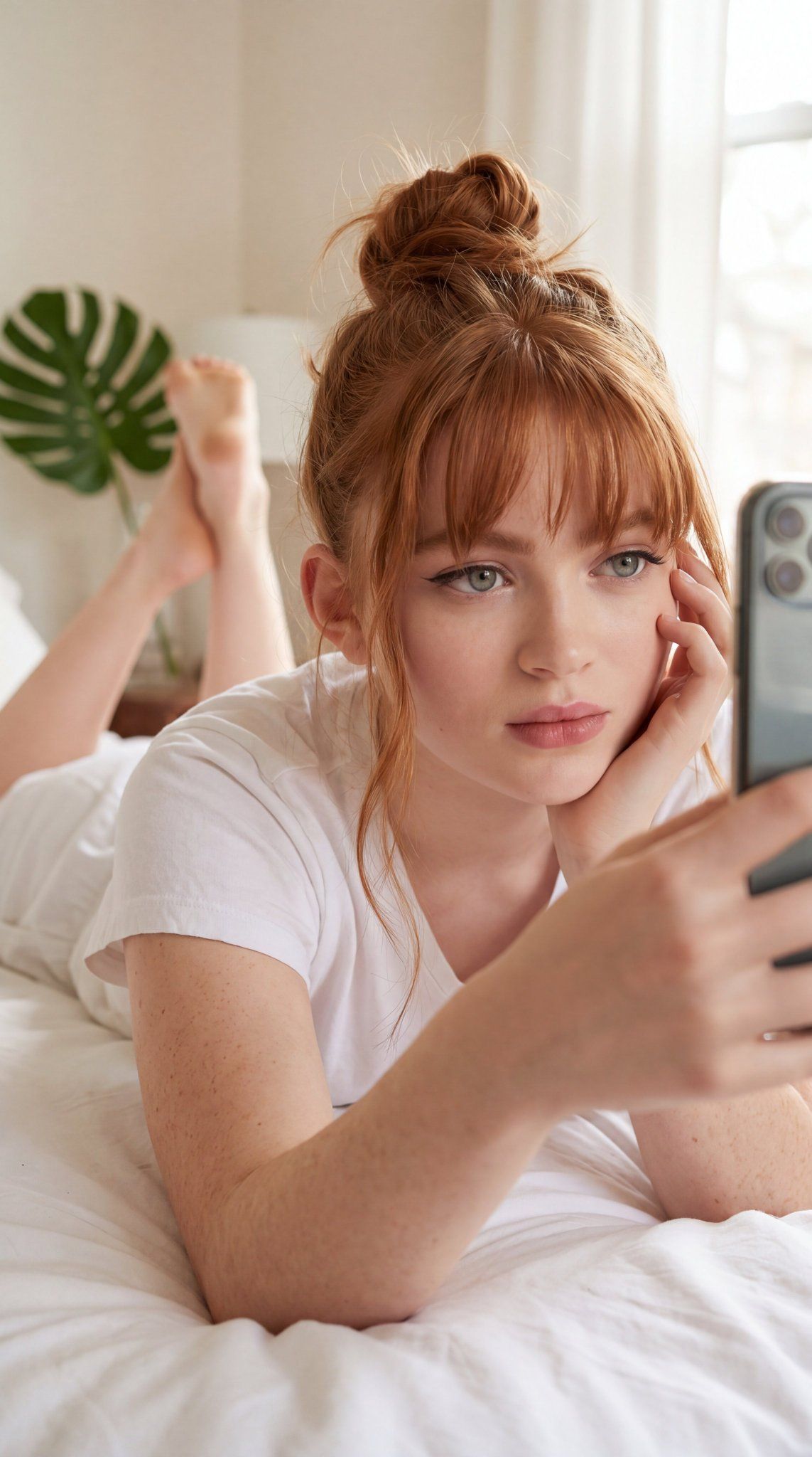 Realistic Blonde Woman Bedroom Portrait