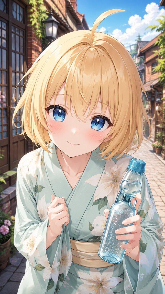 手持弹珠汽水的金发浴衣少女