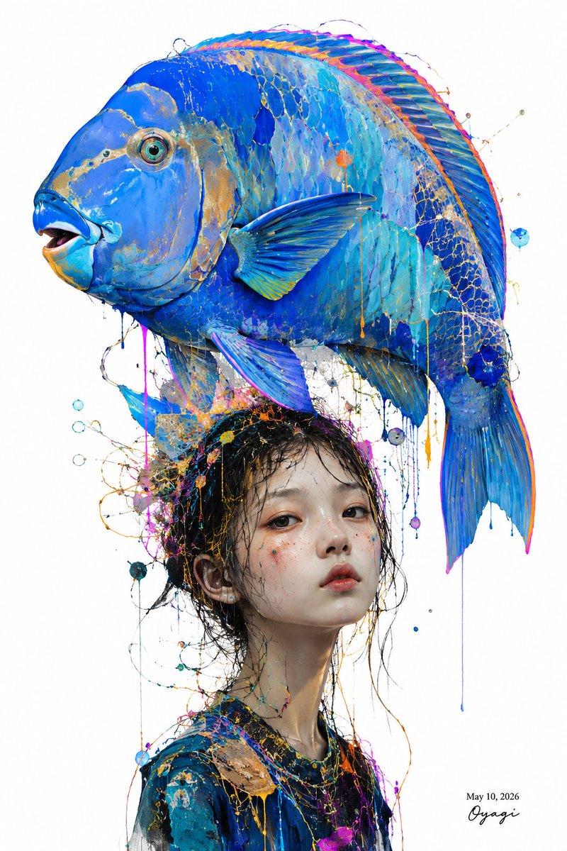 超现实蓝色鱼帽肖像