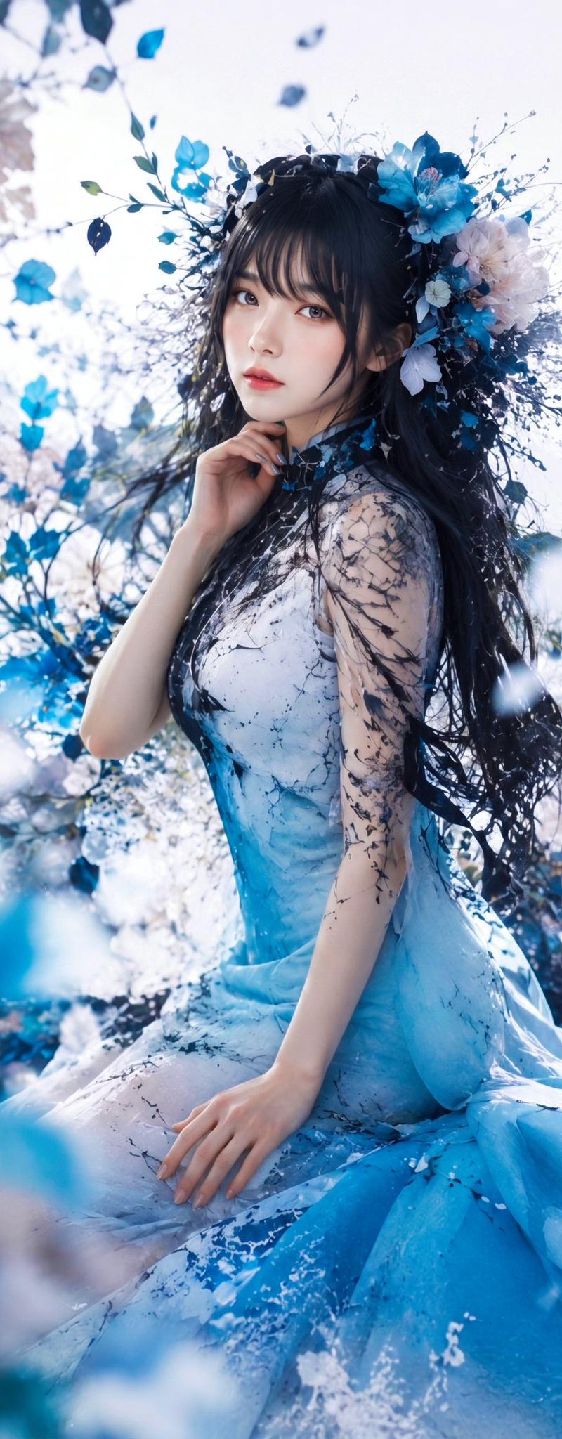 蓝色花卉幻想肖像