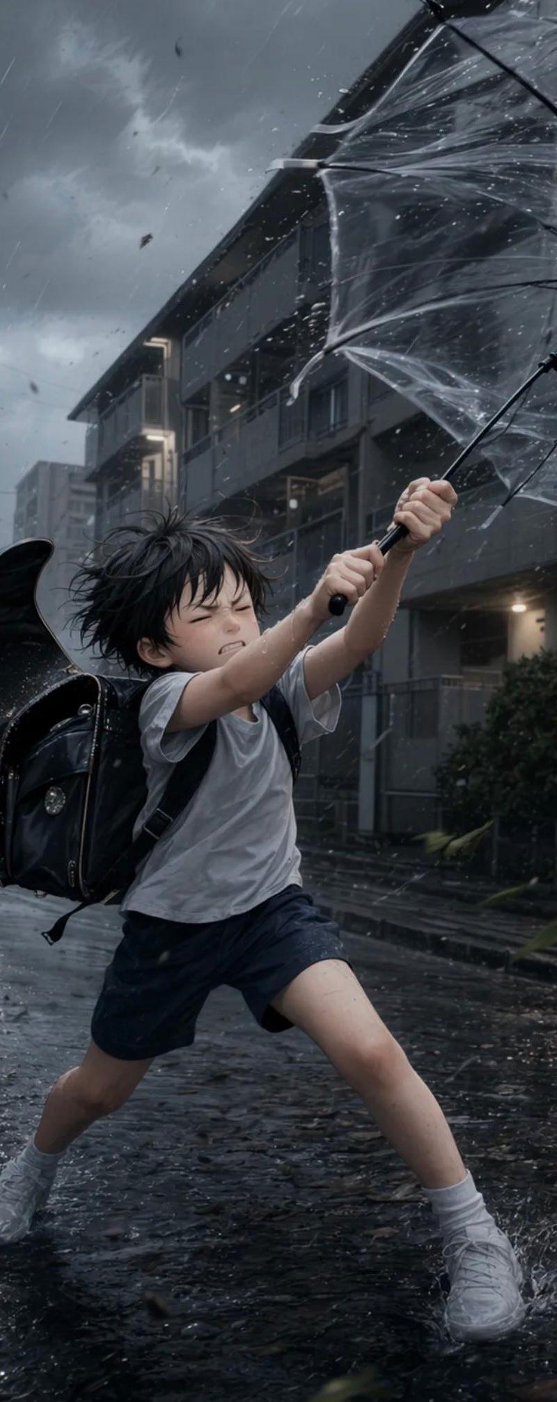 男孩撑伞对抗暴风雨