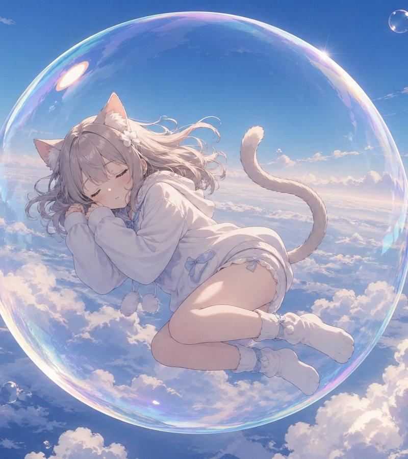 在天空中睡觉的泡泡猫