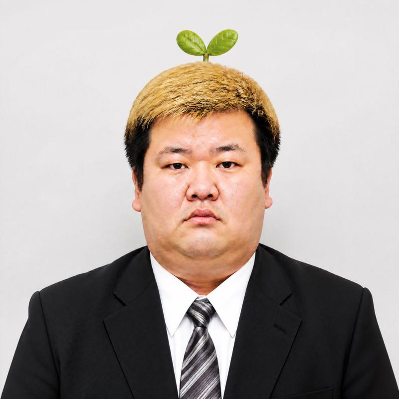 头顶嫩芽的严肃商务人士