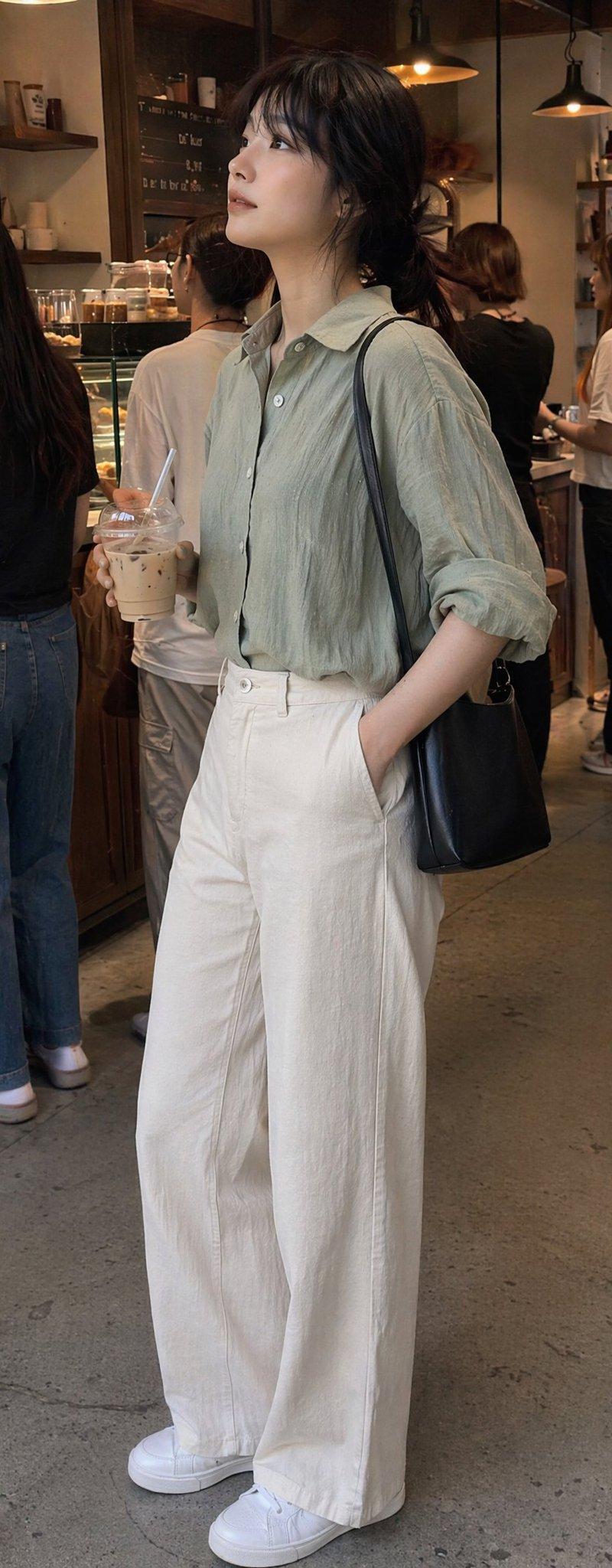 咖啡馆里的随性女性与冰拿铁