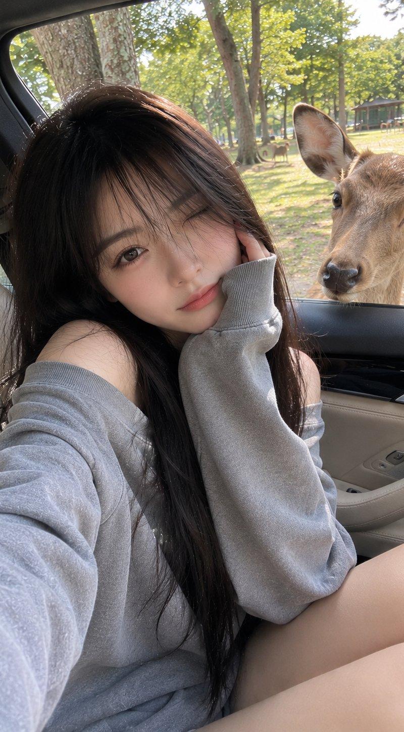 与鹿同框的随性旅行手机抓拍