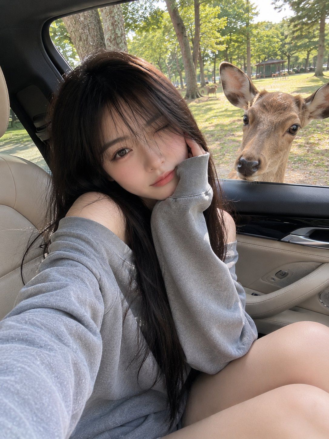 与鹿同框的随性旅行手机抓拍