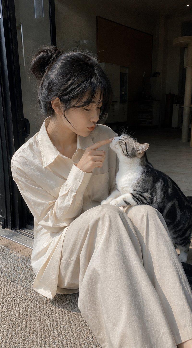 猫咪与主人的自然风手机人像