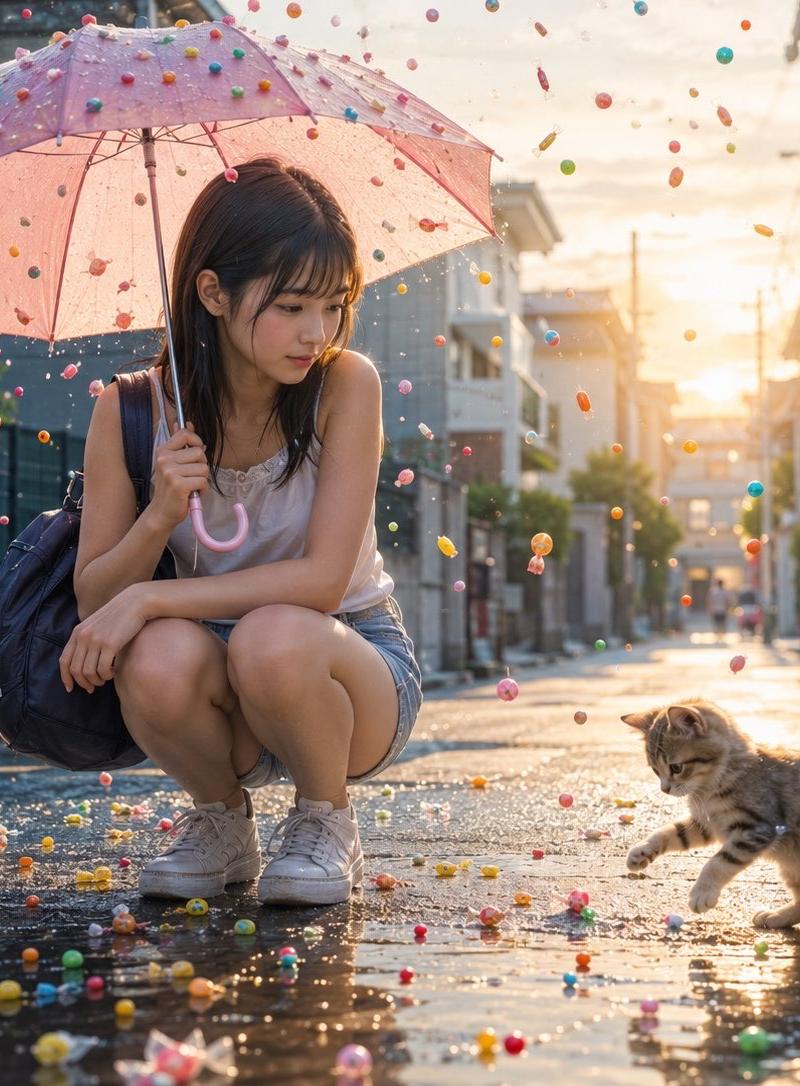 糖果雨街道与少女和小猫