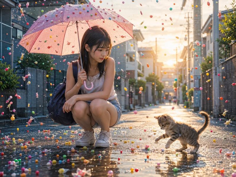糖果雨街道与少女和小猫