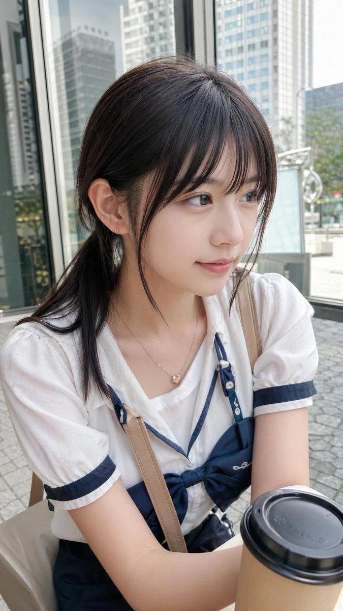身穿水手服的休闲咖啡馆人像