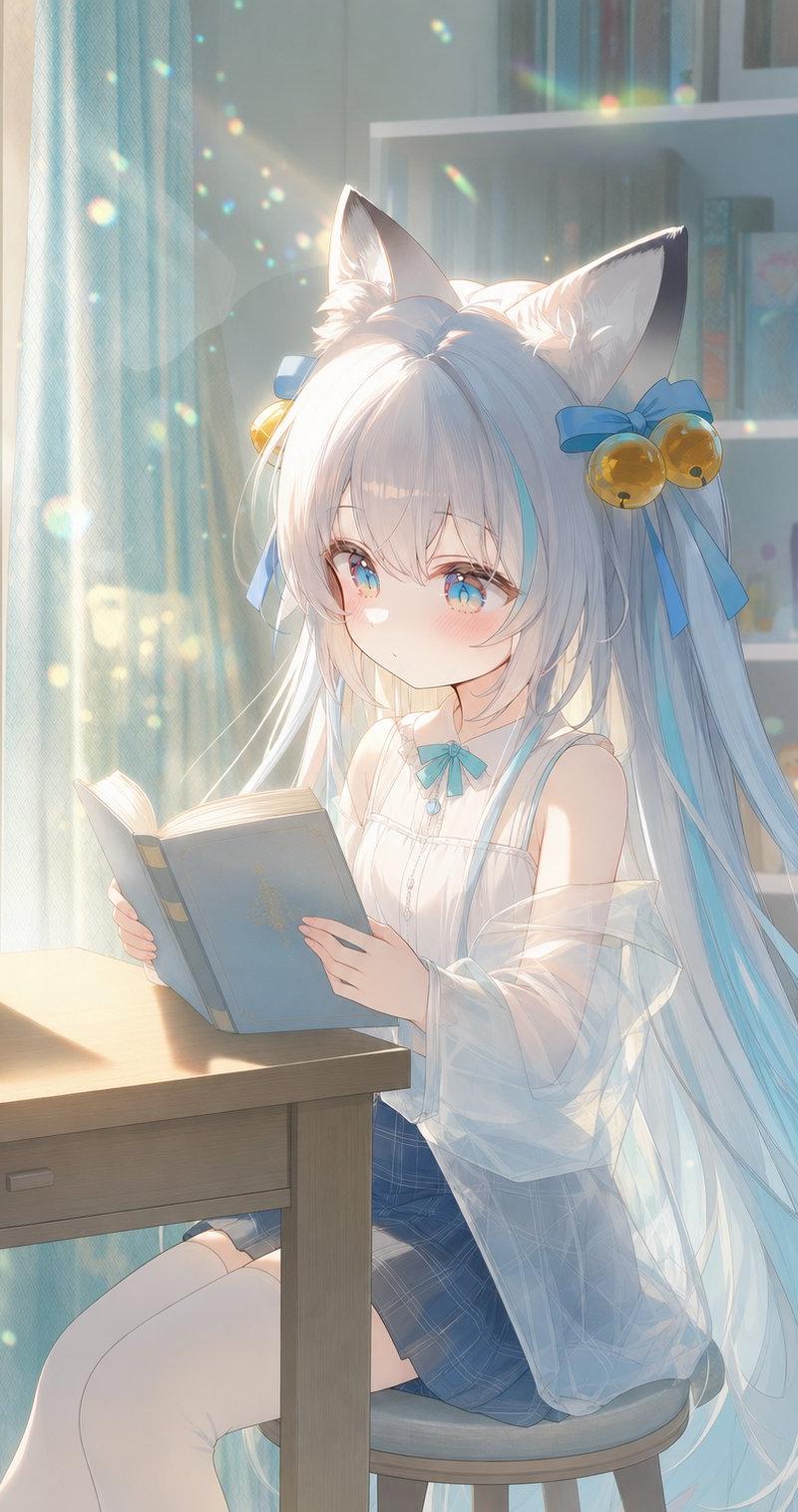 阳光下阅读的猫耳少女