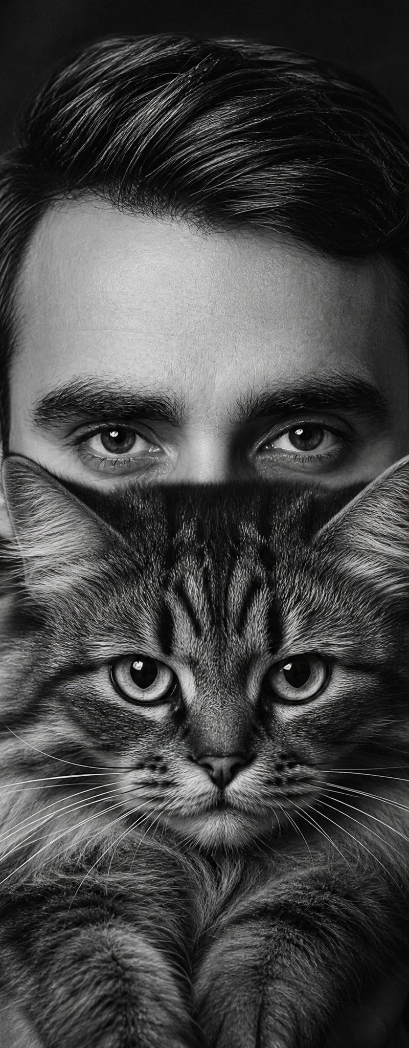 被遮挡的男子怀抱猫咪肖像
