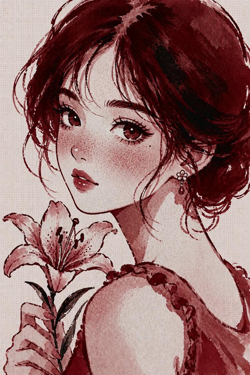 酒红色水彩肖像（带遮挡）
