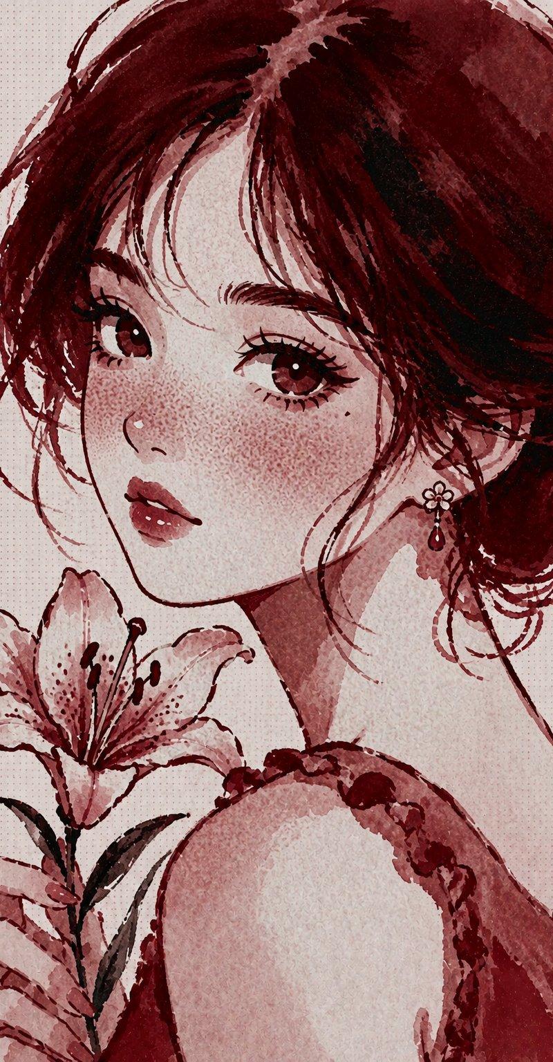 酒红色水彩肖像(带遮挡)