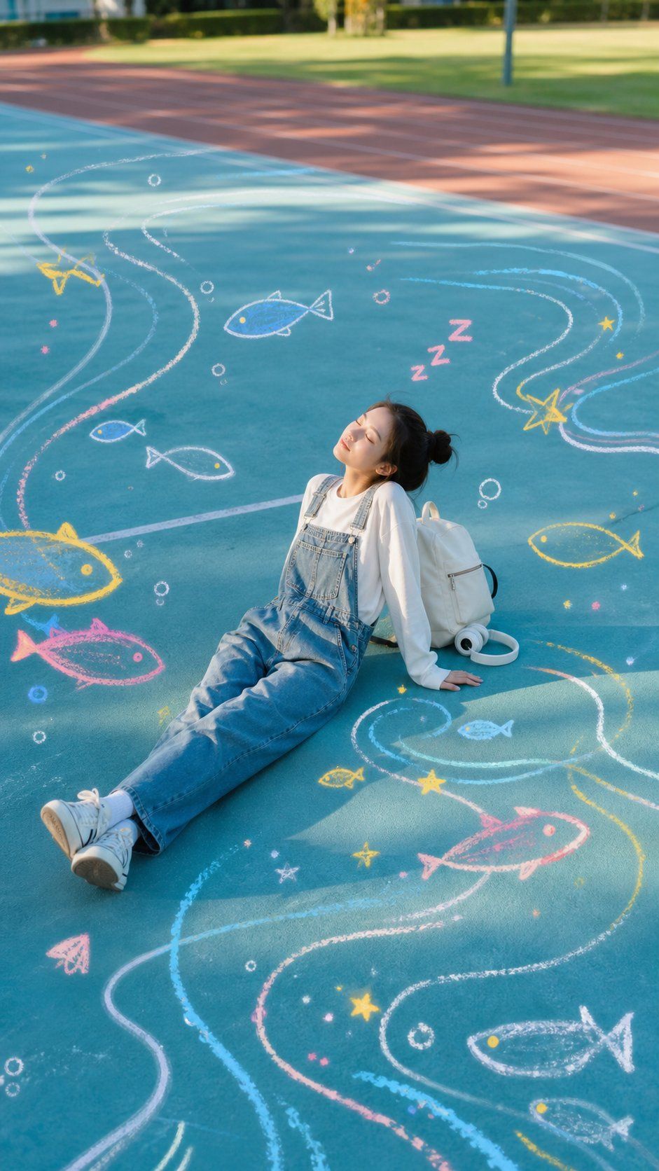 粉笔涂鸦球场上的沉睡少女
