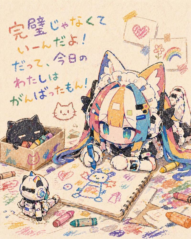 Q 版猫耳女仆蜡笔画场景