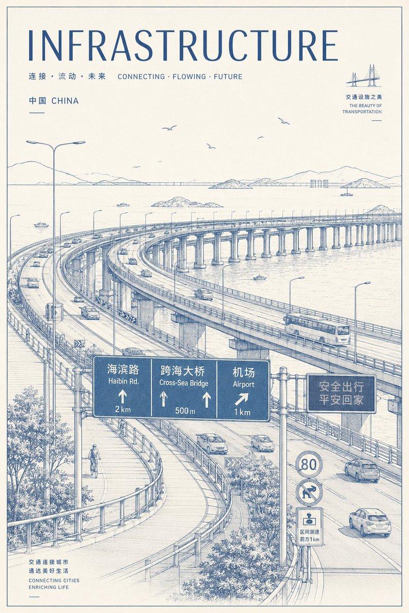 蓝色线条艺术基础设施海报