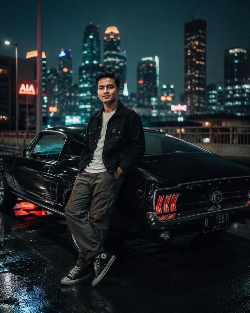 电影感夜间城市 Mustang 人像