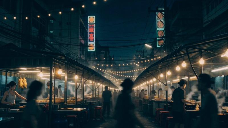曼谷夜市烹饪场景