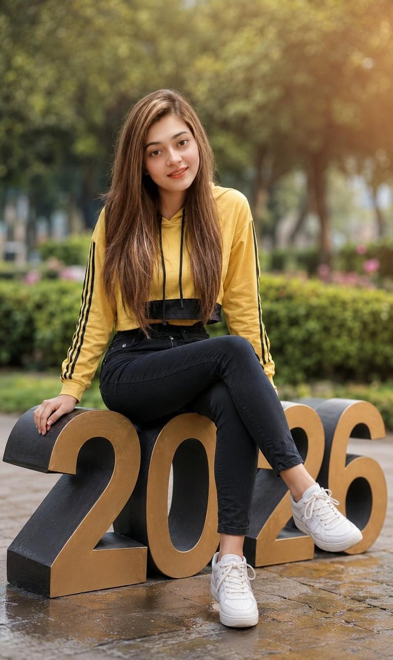 女大学生坐在 2026 数字上