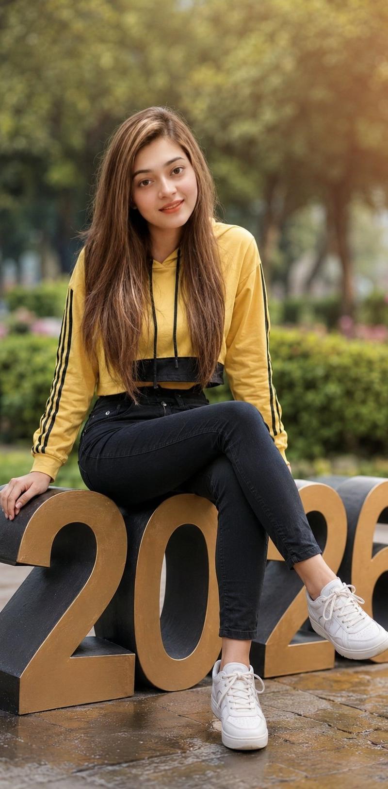 女大学生坐在 2026 数字上