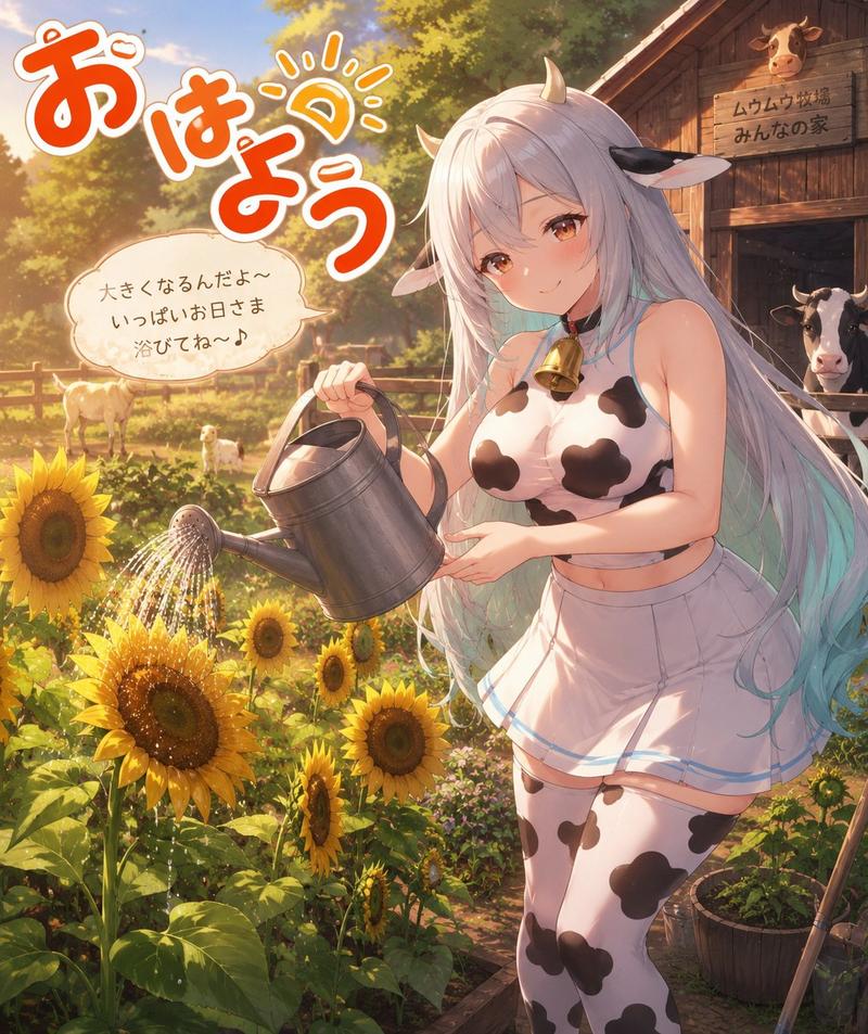 奶牛少女浇灌向日葵