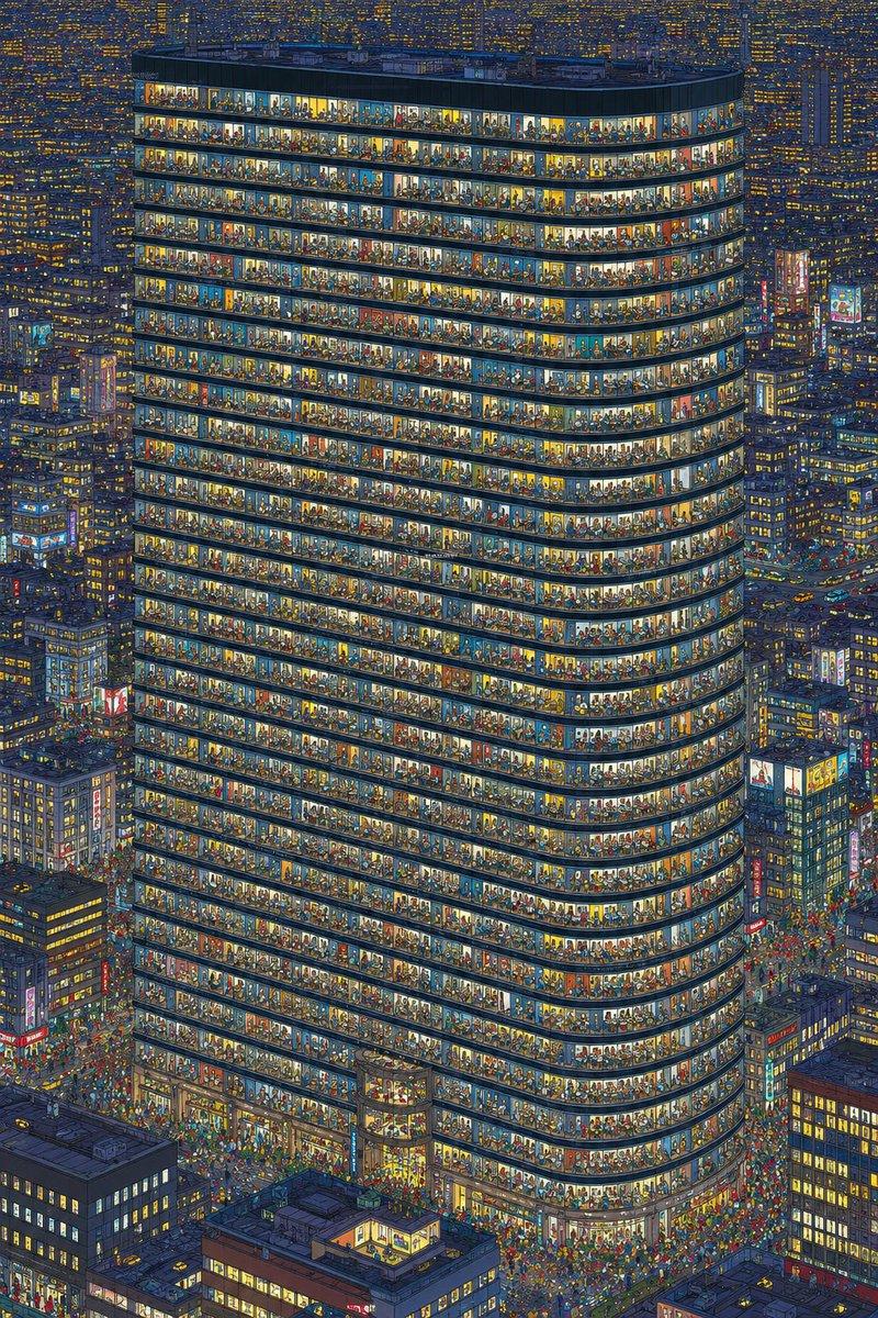 拥挤的夜间办公大楼