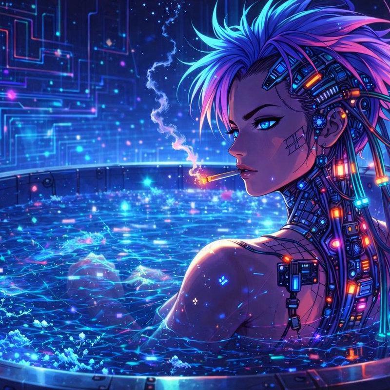 赛博朋克动漫风格角色：霓虹浴缸