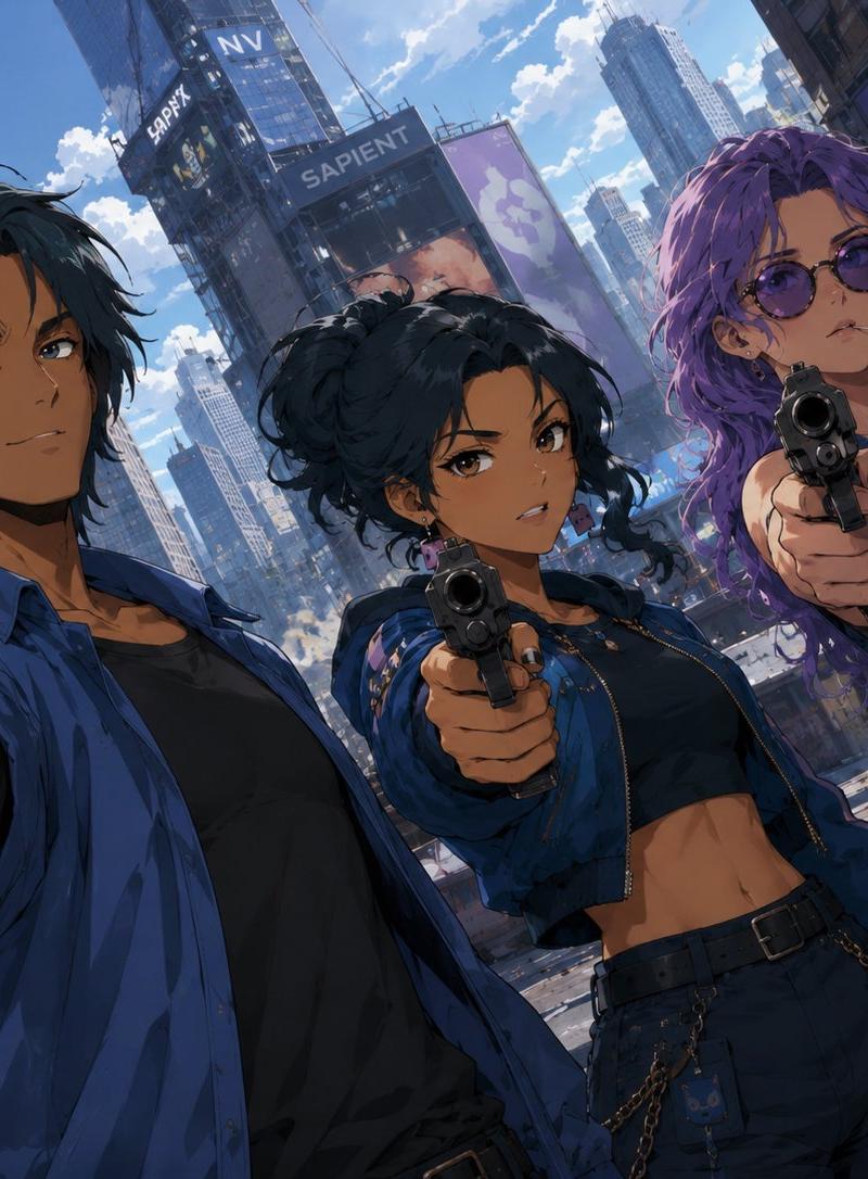 Cyberpunk Trio Gunpoint Scene